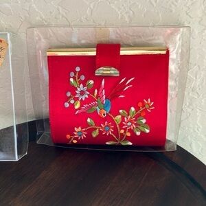 Vintage: HATO HASI Embroidered Red Silk Bi-Fold Wallet